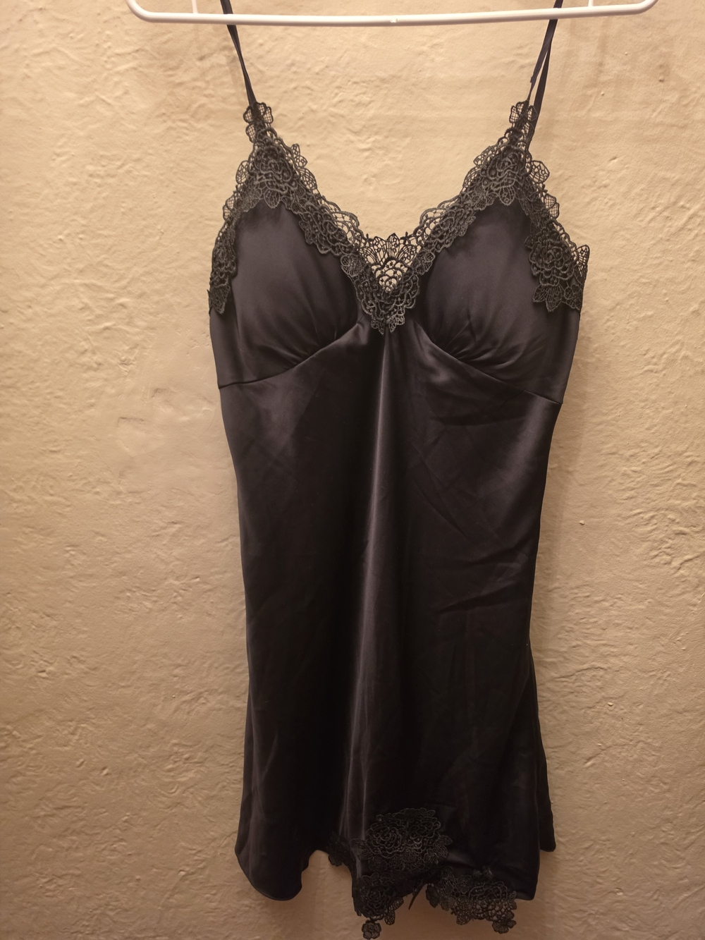 Black Satin Lace Appliqué Slip Dress Chemise Lingerie Nightgown L - Picture 10 of 10